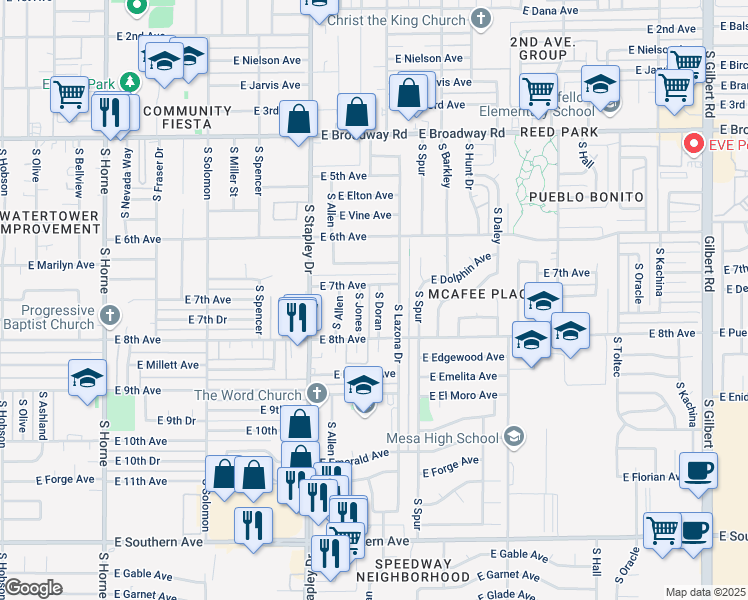 map of restaurants, bars, coffee shops, grocery stores, and more near 718 South Doran in Mesa