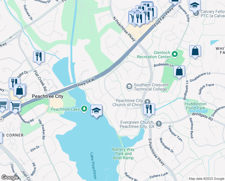 map of restaurants, bars, coffee shops, grocery stores, and more near 102 Brookwood Path in Peachtree City