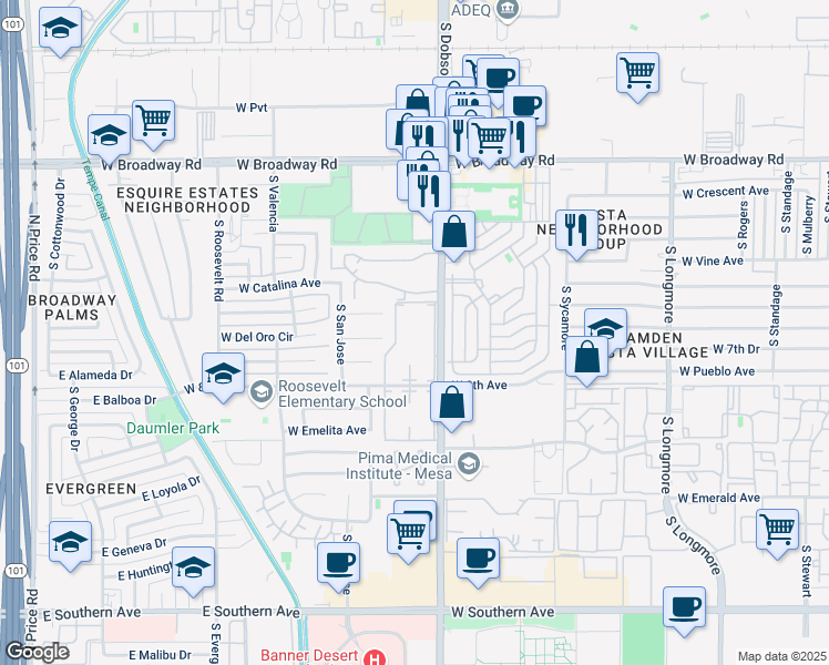 map of restaurants, bars, coffee shops, grocery stores, and more near 2106 West Del Oro Circle in Mesa