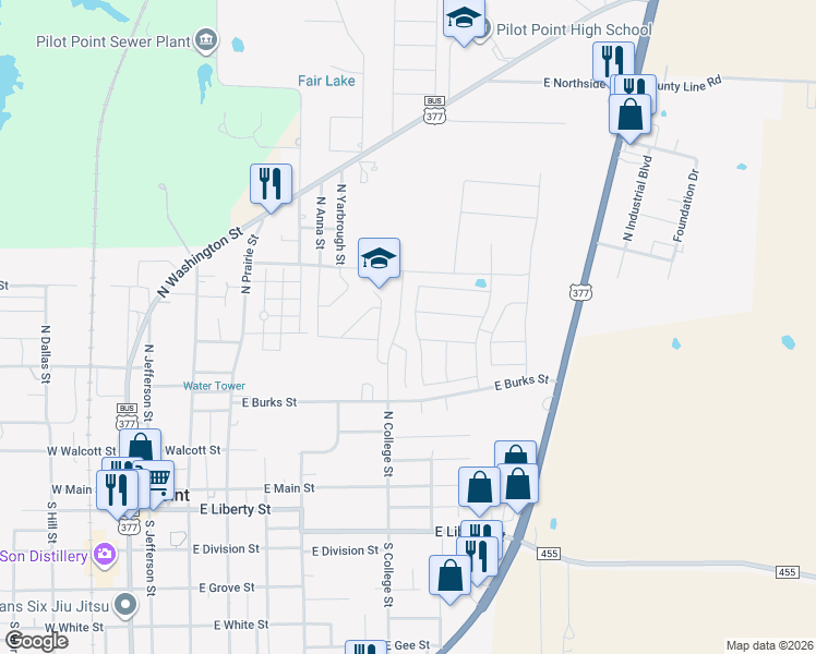 map of restaurants, bars, coffee shops, grocery stores, and more near 425 North College Street in Pilot Point