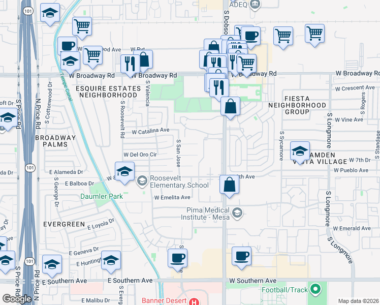 map of restaurants, bars, coffee shops, grocery stores, and more near 2124 West Del Oro Circle in Mesa
