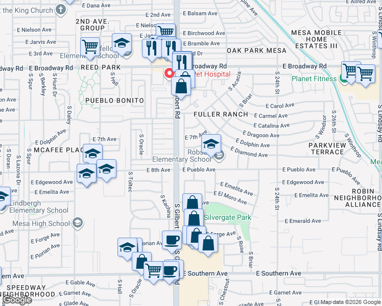 map of restaurants, bars, coffee shops, grocery stores, and more near 729 South Ashbrook in Mesa