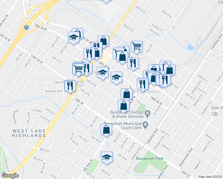 map of restaurants, bars, coffee shops, grocery stores, and more near 1616 6th Avenue North in Bessemer