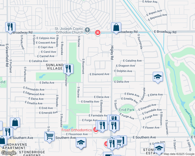 map of restaurants, bars, coffee shops, grocery stores, and more near 733 South Saint Paul Circle in Mesa