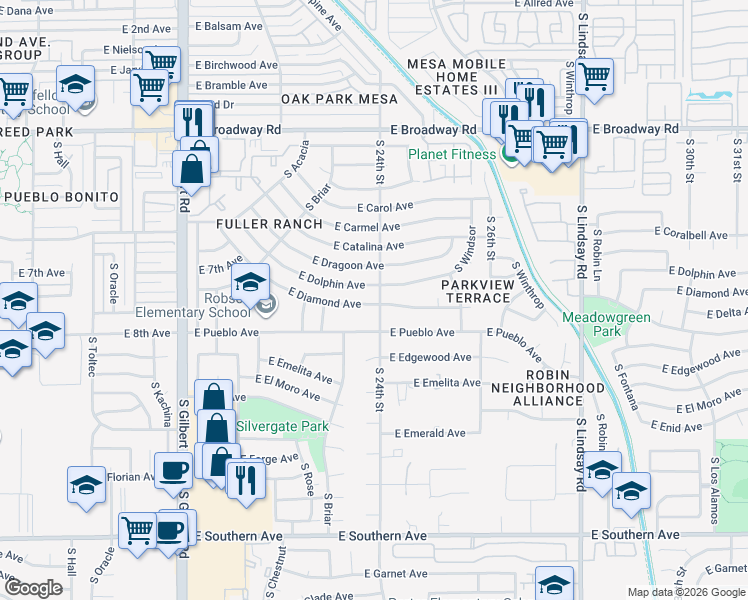 map of restaurants, bars, coffee shops, grocery stores, and more near 2362 East Diamond Avenue in Mesa