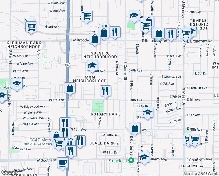 map of restaurants, bars, coffee shops, grocery stores, and more near 707 South MacDonald in Mesa