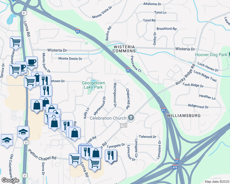 map of restaurants, bars, coffee shops, grocery stores, and more near 3267 Warringwood Drive in Birmingham