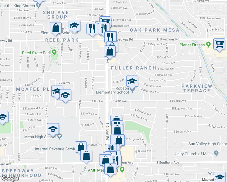 map of restaurants, bars, coffee shops, grocery stores, and more near 729 South Ashbrook in Mesa