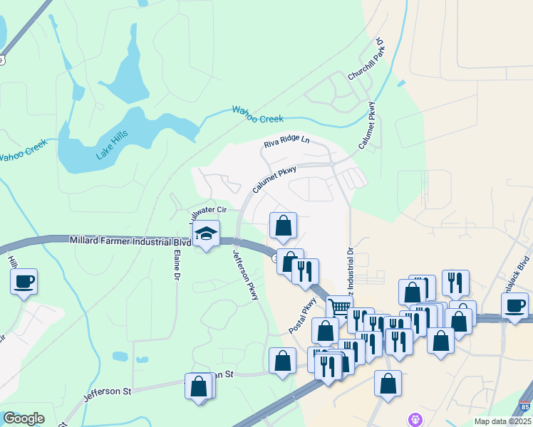 map of restaurants, bars, coffee shops, grocery stores, and more near 200 Calumet Parkway in Newnan