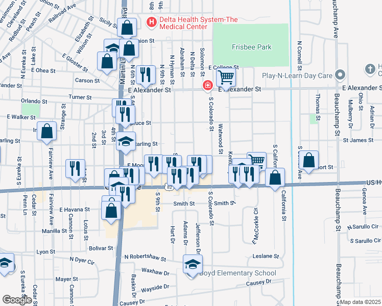 map of restaurants, bars, coffee shops, grocery stores, and more near 423 South Delta Street in Greenville
