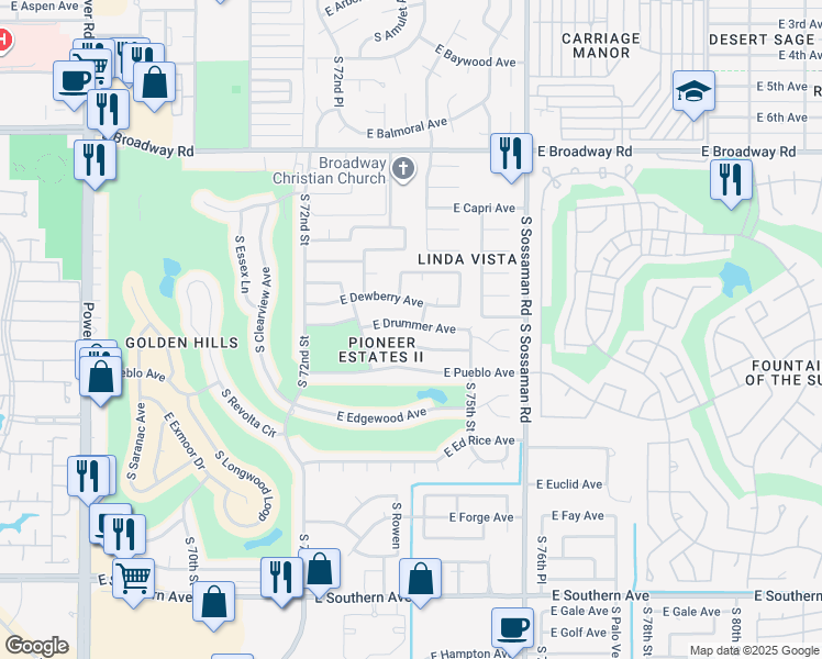 map of restaurants, bars, coffee shops, grocery stores, and more near 7359 East Drummer Avenue in Mesa