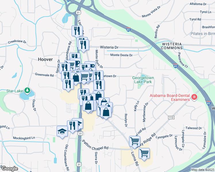 map of restaurants, bars, coffee shops, grocery stores, and more near 3101 Lorna Road in Birmingham