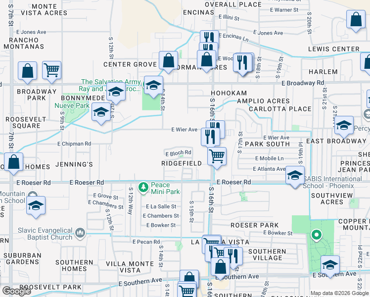 map of restaurants, bars, coffee shops, grocery stores, and more near 1442 East Bloch Road in Phoenix