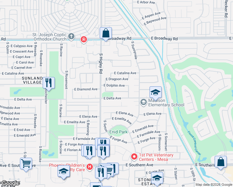 map of restaurants, bars, coffee shops, grocery stores, and more near 5303 E Diamond Ave in Mesa