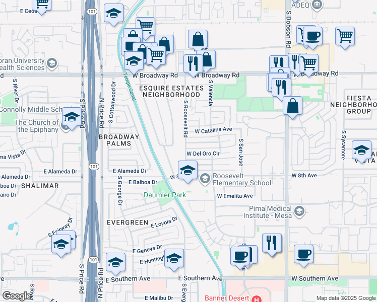 map of restaurants, bars, coffee shops, grocery stores, and more near 2358 West Del Oro Circle in Mesa