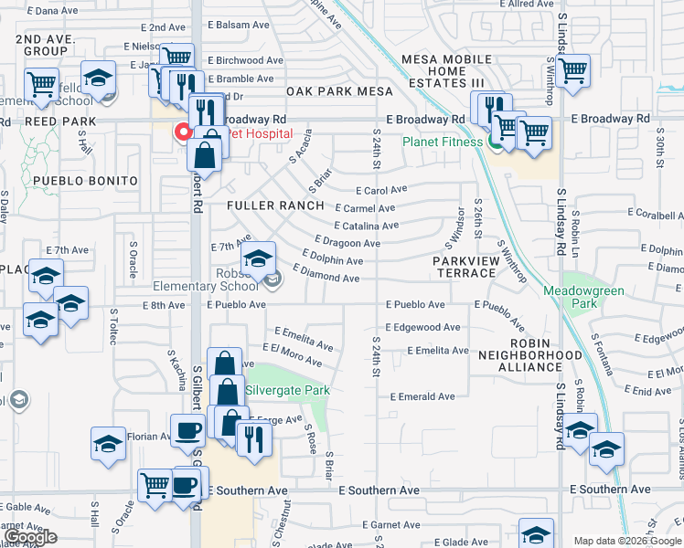 map of restaurants, bars, coffee shops, grocery stores, and more near 2330 East Diamond Avenue in Mesa