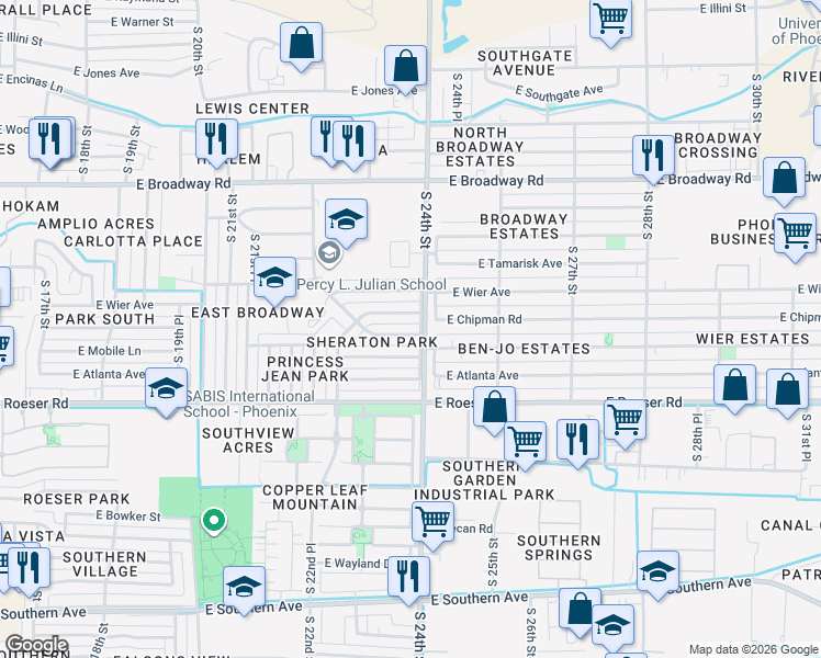 map of restaurants, bars, coffee shops, grocery stores, and more near 2344 East School Drive in Phoenix