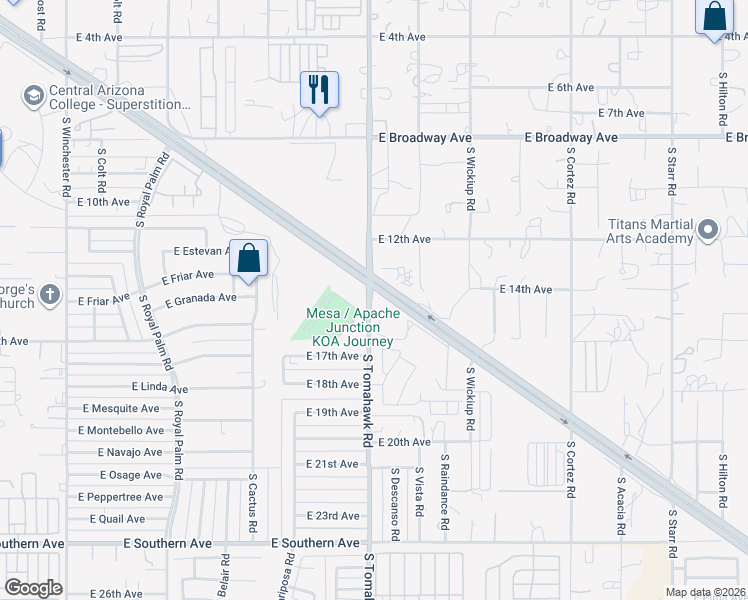 map of restaurants, bars, coffee shops, grocery stores, and more near 1483 South Tomahawk Road in Apache Junction