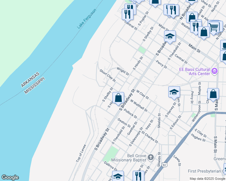 map of restaurants, bars, coffee shops, grocery stores, and more near 401 West Walthall Street in Greenville