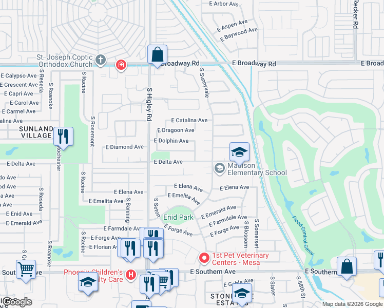 map of restaurants, bars, coffee shops, grocery stores, and more near 5351 East Diamond Avenue in Mesa