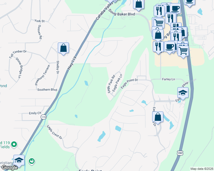 map of restaurants, bars, coffee shops, grocery stores, and more near 1129 Eagle Park Road in Birmingham