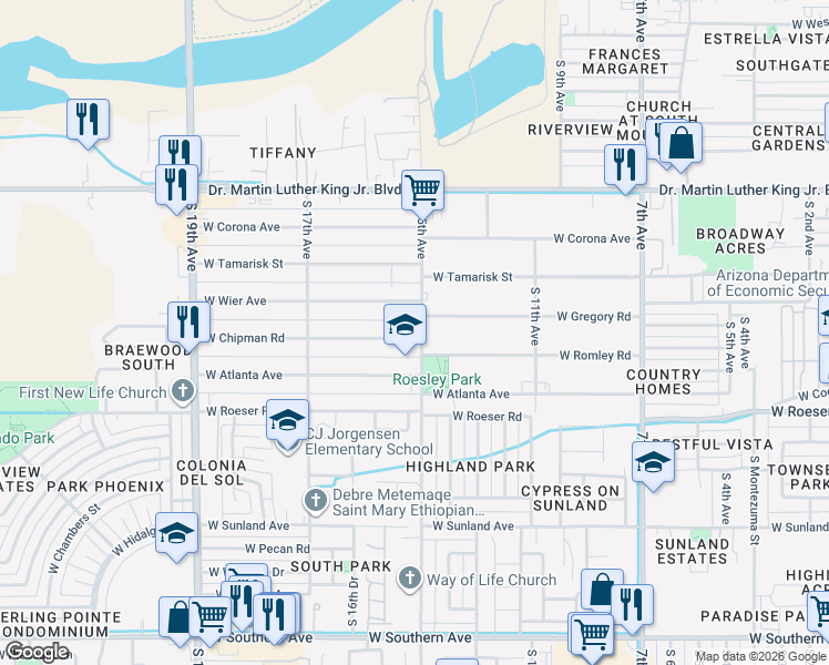 map of restaurants, bars, coffee shops, grocery stores, and more near 1502 West Chipman Road in Phoenix