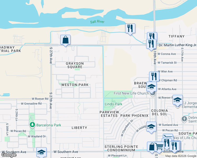 map of restaurants, bars, coffee shops, grocery stores, and more near 4815 South 23rd Drive in Phoenix