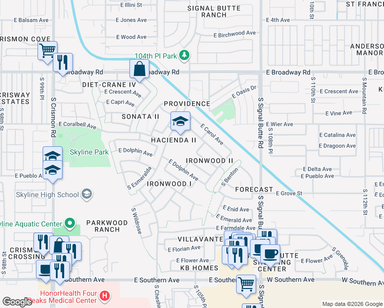 map of restaurants, bars, coffee shops, grocery stores, and more near 702 South Sabrina in Mesa