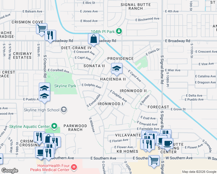 map of restaurants, bars, coffee shops, grocery stores, and more near 10402 East Dolphin Avenue in Mesa