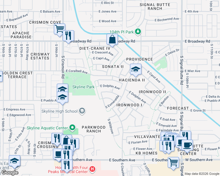 map of restaurants, bars, coffee shops, grocery stores, and more near 10264 East Diamond Avenue in Mesa