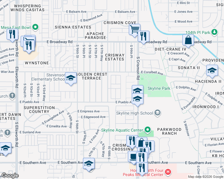 map of restaurants, bars, coffee shops, grocery stores, and more near 720 South 98th Street in Mesa