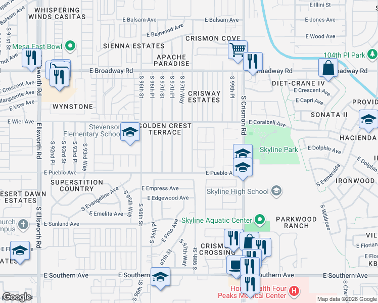 map of restaurants, bars, coffee shops, grocery stores, and more near 720 South 98th Street in Mesa