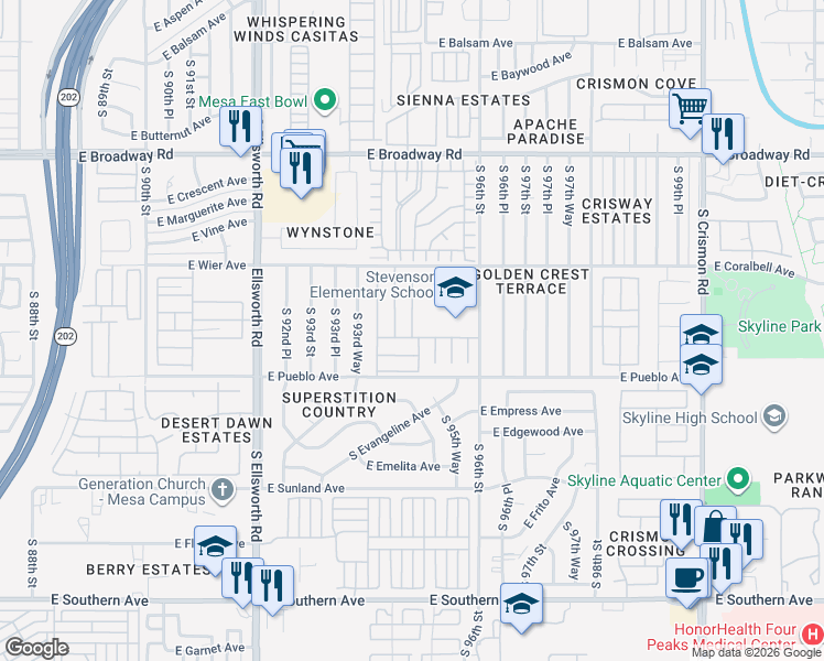 map of restaurants, bars, coffee shops, grocery stores, and more near 9431 East Coralbell Avenue in Mesa