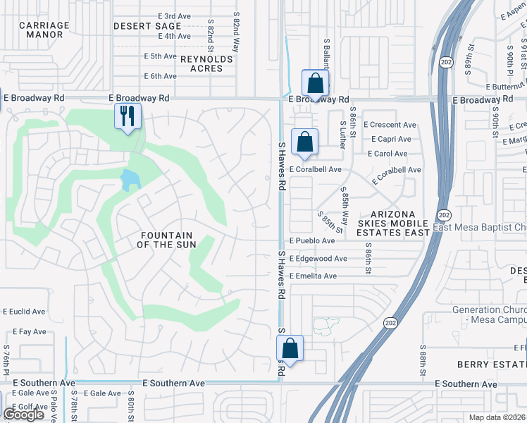map of restaurants, bars, coffee shops, grocery stores, and more near 712 South 83rd Way in Mesa