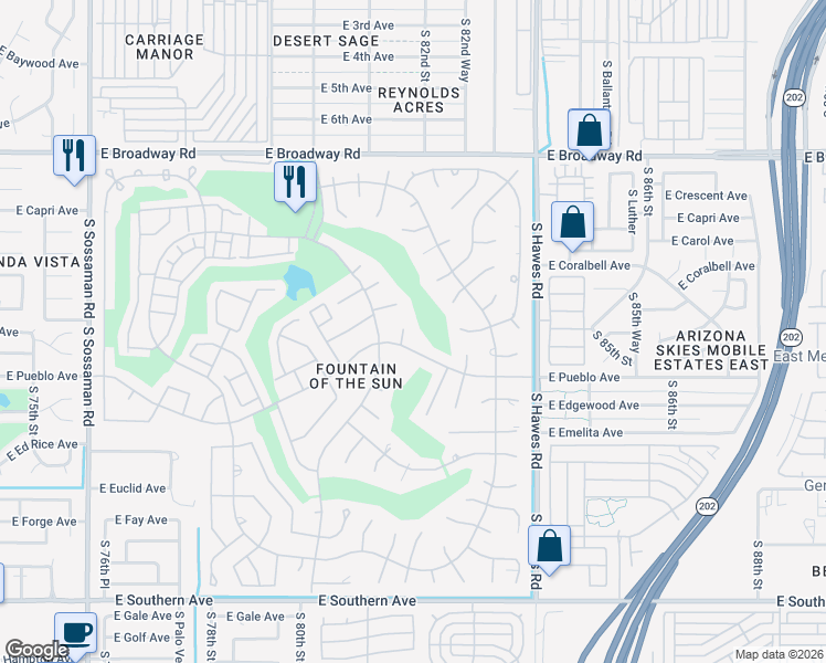 map of restaurants, bars, coffee shops, grocery stores, and more near 722 South 81st Place in Mesa