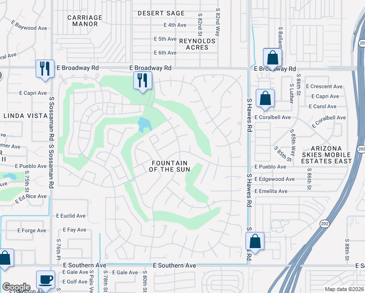 map of restaurants, bars, coffee shops, grocery stores, and more near 722 South 81st Place in Mesa