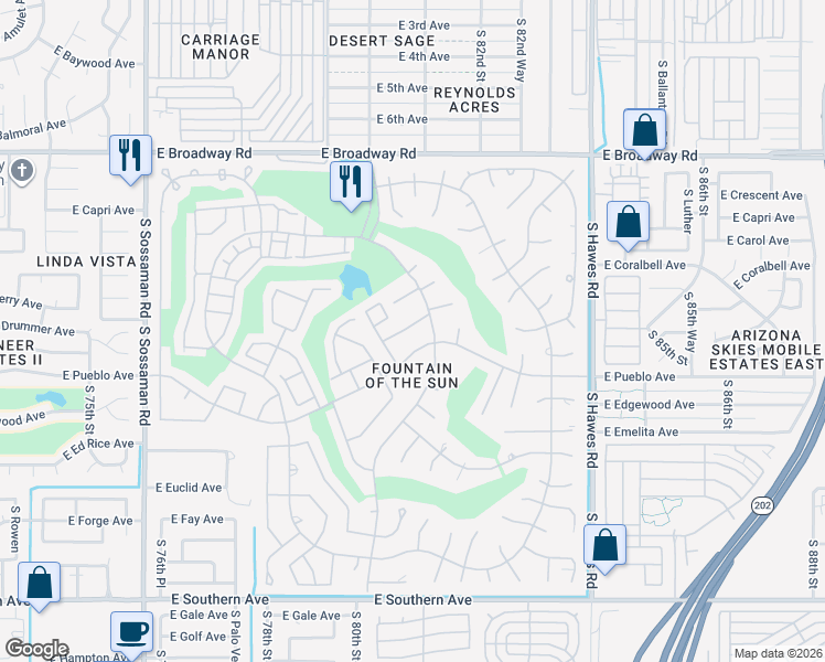 map of restaurants, bars, coffee shops, grocery stores, and more near 7950 East Pueblo Avenue in Mesa