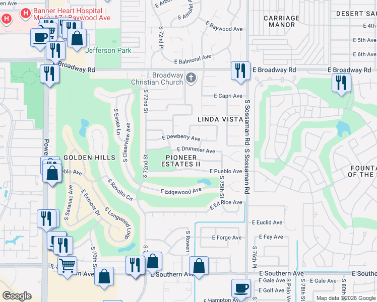 map of restaurants, bars, coffee shops, grocery stores, and more near 7359 East Drummer Avenue in Mesa