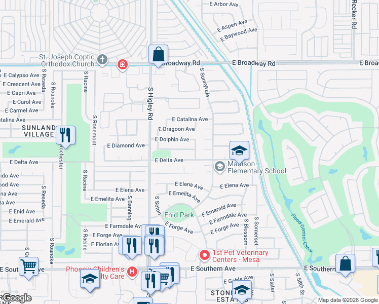 map of restaurants, bars, coffee shops, grocery stores, and more near 5351 East Diamond Avenue in Mesa