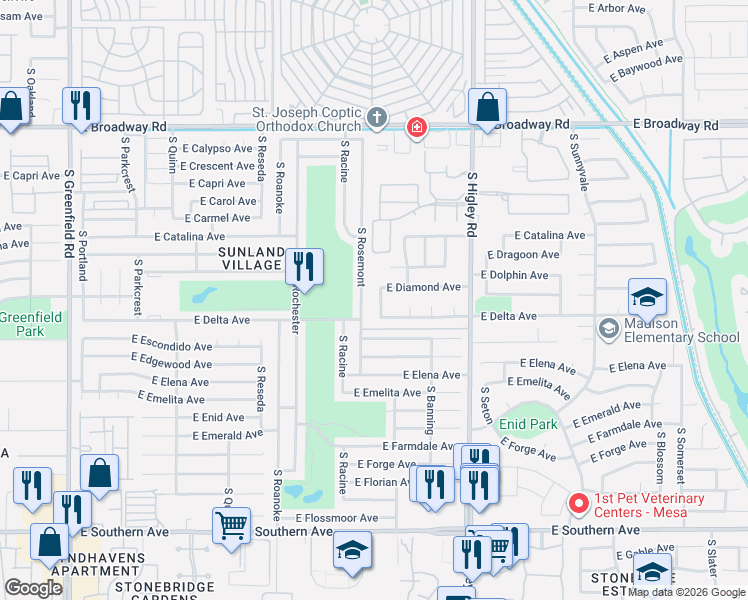 map of restaurants, bars, coffee shops, grocery stores, and more near 5032 East Delta Avenue in Mesa