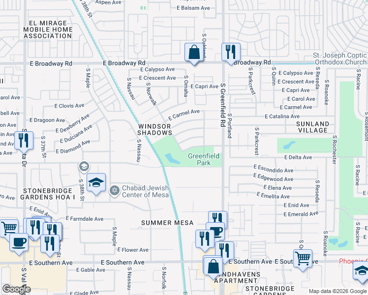 map of restaurants, bars, coffee shops, grocery stores, and more near 4136 East Diamond Avenue in Mesa