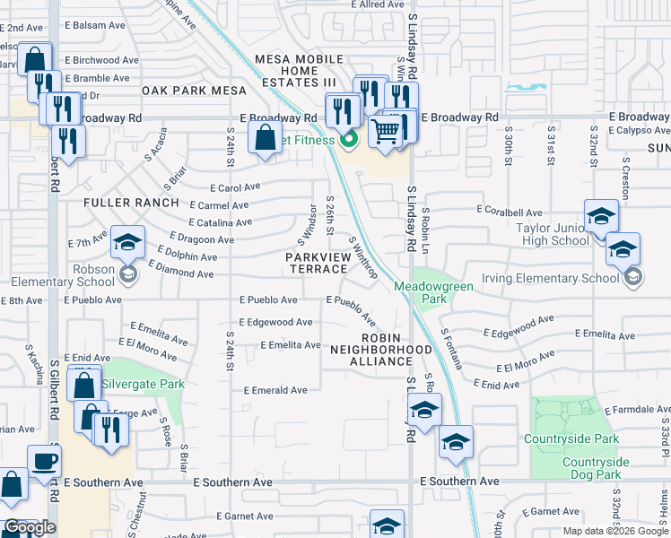 map of restaurants, bars, coffee shops, grocery stores, and more near 2566 East Diamond Circle in Mesa