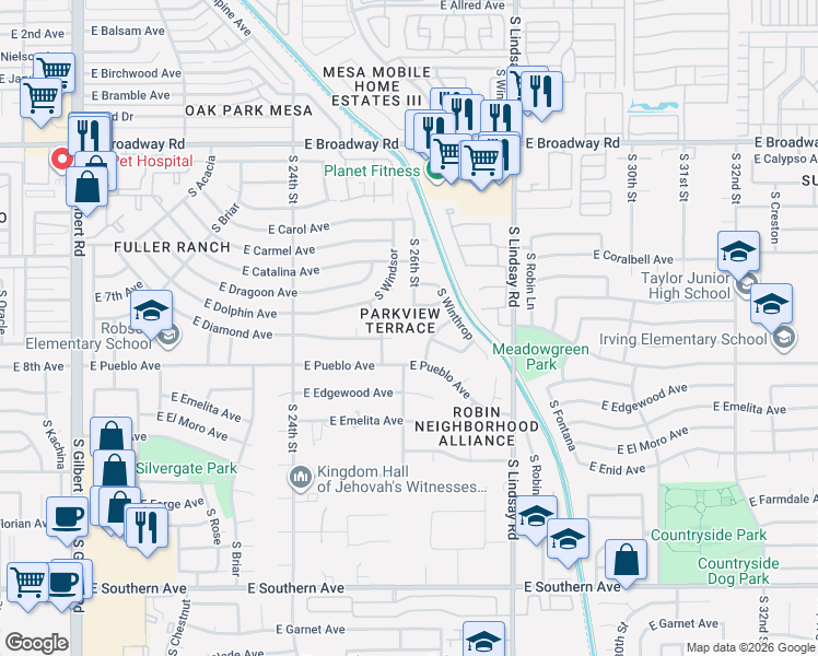 map of restaurants, bars, coffee shops, grocery stores, and more near 2566 East Diamond Circle in Mesa