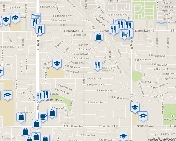 map of restaurants, bars, coffee shops, grocery stores, and more near 2442 East Diamond Avenue in Mesa