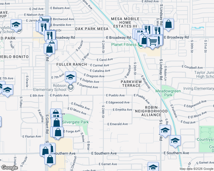 map of restaurants, bars, coffee shops, grocery stores, and more near 2362 East Diamond Avenue in Mesa