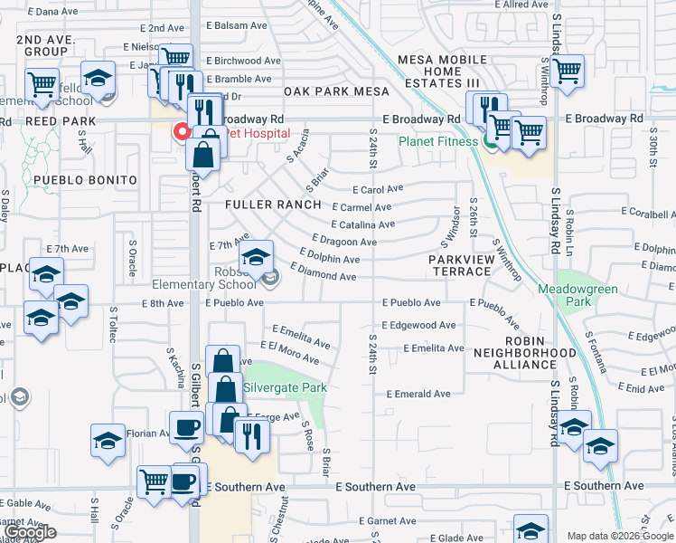 map of restaurants, bars, coffee shops, grocery stores, and more near 2330 East Diamond Avenue in Mesa
