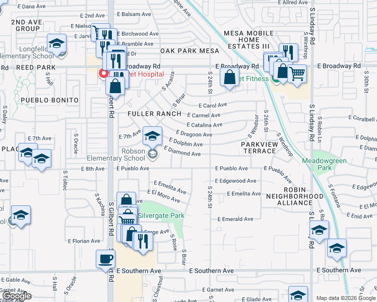 map of restaurants, bars, coffee shops, grocery stores, and more near 2330 East Diamond Avenue in Mesa