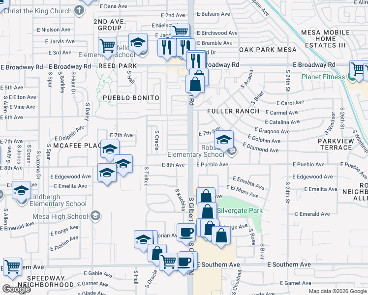 map of restaurants, bars, coffee shops, grocery stores, and more near 1949 East Diamond Avenue in Mesa