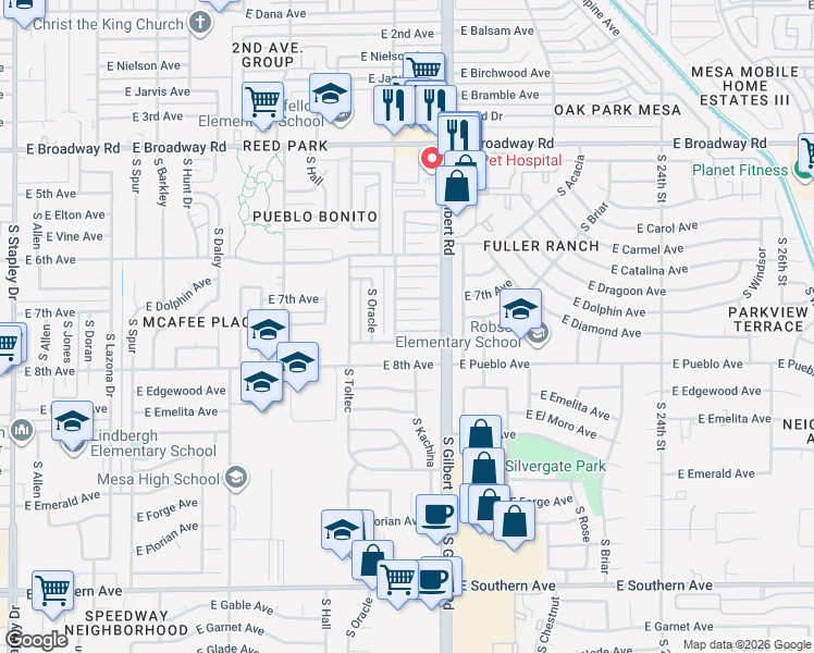 map of restaurants, bars, coffee shops, grocery stores, and more near 724 South Kachina in Mesa