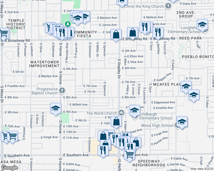 map of restaurants, bars, coffee shops, grocery stores, and more near 716 South Parsell Circle in Mesa